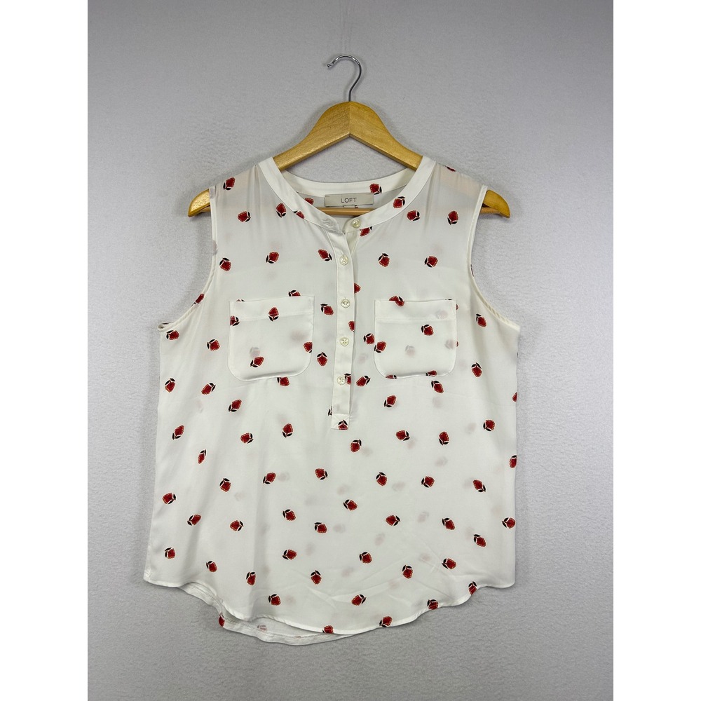 Business Casual LOFT Women M White Red Floral Print Sleeveless Henley Blouse Top